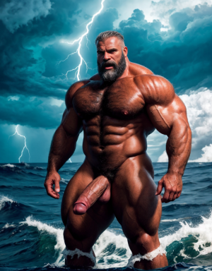 Neptuno es dios de los mares, las tempestades y los vientos. Es un dios malhumorado y violento. Está desnudo. Tiene un pene grande y largo y efecto. Tiene mucho vello. Está llamando a gritos a los monstruos del océano. 