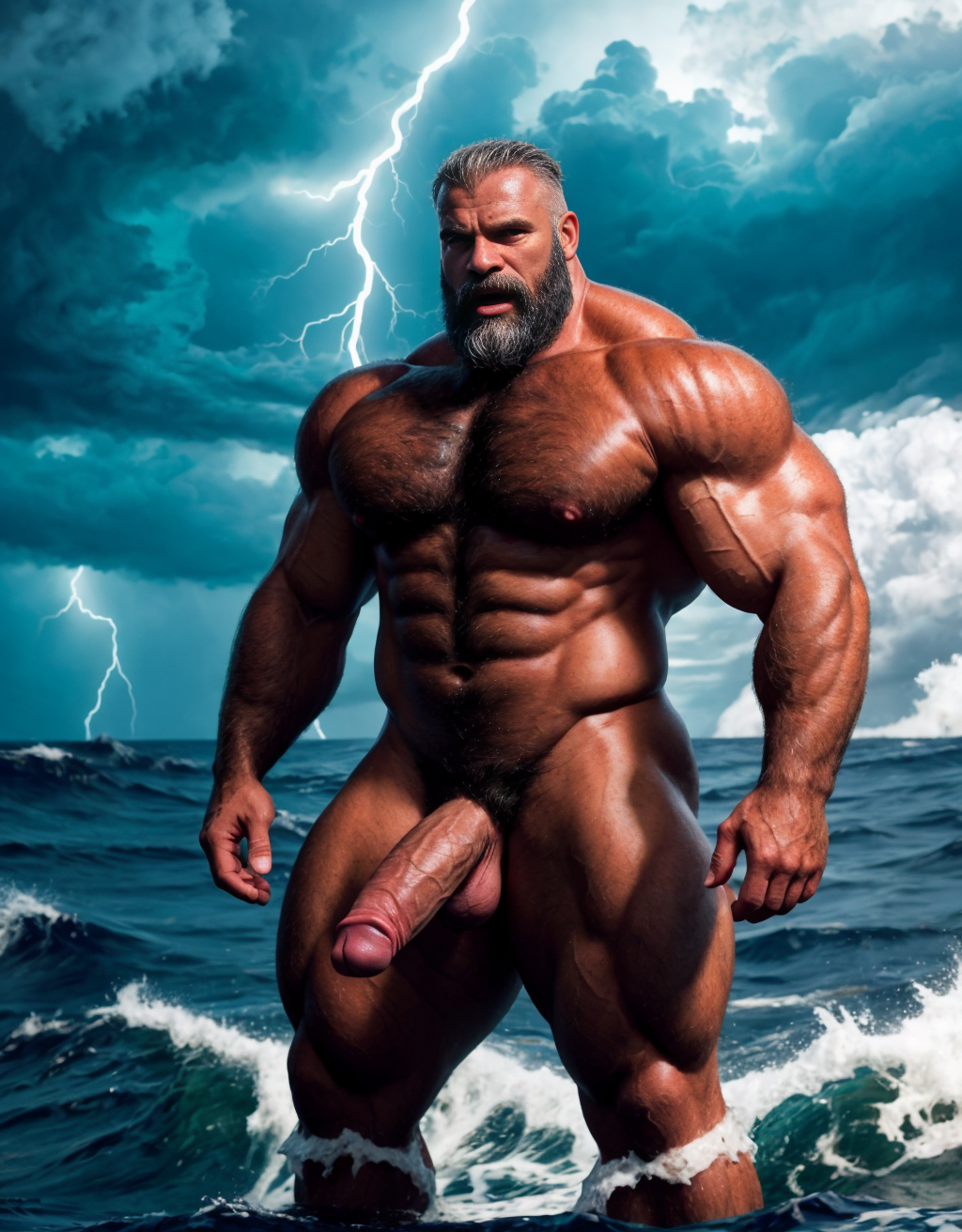 Neptuno es dios de los mares, las tempestades y los vientos. Es un dios malhumorado y violento. Está desnudo. Tiene un pene grande y largo y efecto. Tiene mucho vello. Está llamando a gritos a los monstruos del océano. 