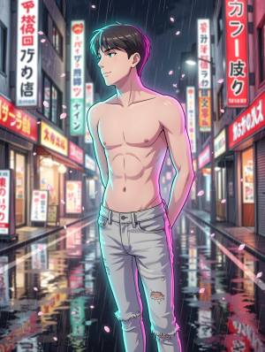 An anime-style young man walks shirtless along a Japanese urban street illuminated by neon, with a defined torso, marked abs, and light worn jeans with tears at the knees. The night scene is drenched by rain, with the wet asphalt reflecting glowing signs in red, white, and pink full of Japanese characters, shop windows, and narrow facades typical of a commercial district. His dark hair with turquoise and magenta highlights stands out under the artificial light, as he looks in profile with a calm and confident expression. Pink petals float among the drops, adding a delicate contrast to the urban, bright, and cinematic atmosphere.