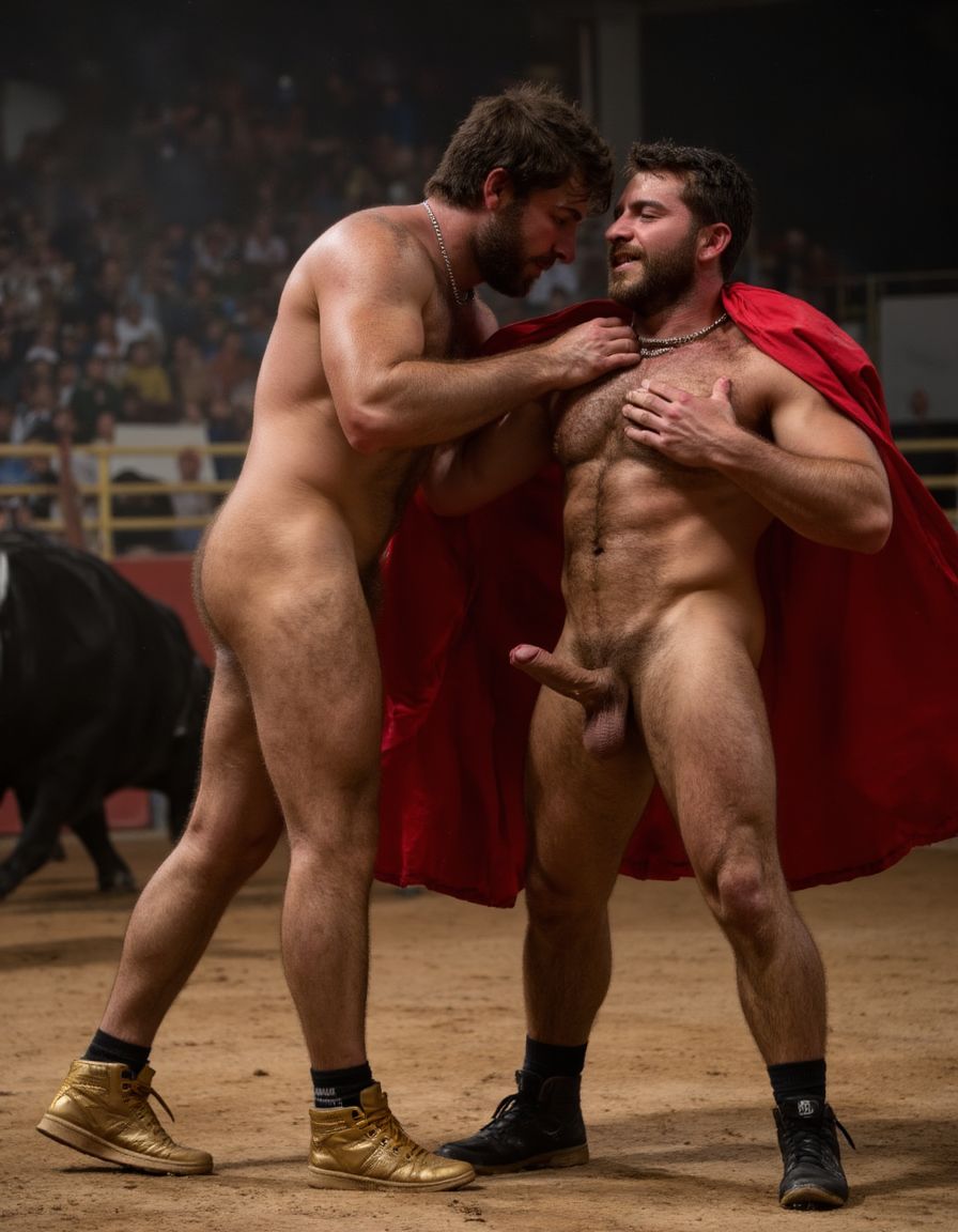 Un torero español musculoso y velludo de 50 años, con torso atlético y marcado, se muestra completamente desnudo, destacando su pene de 35 cm de longitud y 6 cm de diámetro, perfectamente formado y rodeado de un denso vello púbico castaño oscuro. Sus testículos, perfectamente formados, cuelgan de forma prominente. La piel bronceada y sudorosa resalta su musculatura definida, con pectorales y abdominales bien marcados y sin grasa. El cabello largo y castaño oscuro está despeinado y sudoroso, con gotas de sudor resbalando por su frente y mejillas. Una barba incipiente y un vello corporal denso que se extiende por su pecho, piernas y brazos completan su apariencia viril. Lleva zapatillas doradas en sus pies.

A su lado, un hombre musculoso y velludo de 30 años, completamente desnudo, muestra un pene de 40 cm de longitud y 7 cm de diámetro, hermoso y perfecto, rodeado de un denso vello púbico pelirrojo. Su piel bronceada y sudorosa muestra una musculatura definida, con pectorales y abdominales muy marcados. Tiene cabello pelirrojo despeinado y sudoroso. Tiene una barba pelirroja densa y bien recortada. El vello corporal es pelirrojo es denso y cubre su pecho, y tiene mucho vello pelirrojo en sus piernas y brazos, lo que realza su apariencia masculina y atlética. Están en la plaza de toros. Se aman

Ambos hombres se encuentran en una plaza de toros, con sombras que resaltan su musculatura y vello corporal, creando un ambiente sensual y cargado de tensión. Están en pleno acto de pasión, con sus penes erectos y testículos prominentes de 5 kg de peso colgando y moviéndose al compás de los movimientos de su cuerpo, destacando su musculatura, vello corporal y atributos viriles en una imagen impactante y llena de energía. La escena está llena de sensualidad y poder, con los dos hombres como protagonistas, en un ambiente cargado de pasión y erotismo. La imagen es híper realista, con detalles de alta calidad, y muestra la unión de los dos hombres en un acto de pasión y dominio, con sus cuerpos musculosos y velludos completamente desnudos y visibles, mostrando su excitación y pasión en cada detalle. Tienen sus penes erectos. Están totalmente desnudos. Tienen un pene de 40 cm de longitud y 7 cm de diámetro. Son felices y sonríen. Amor. Se abrazan por la cintura con fuerza y pasión, están muy juntos. Sexo duro. Están besándose en la boca con lengua. Están muy juntos apretándose el uno con el otro. Te quiero ❤️. Se besan apasionadamente. Juntan sus penes erectos a la vista del espectador. Por sus penes erectos. Están a la vista del espectador de cara al espectador. Están uno sobre el otro fornicando con mucha energía, follando salvajemente.