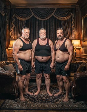 Un grupo de señores mayores corpulentos con jockstraps posa en una escena íntima y teatral dentro de un salón privado de estilo decadente, con cortinas pesadas, alfombras oscuras y muebles de cuero gastado. Sus cuerpos voluminosos, piel madura y expresiones confiadas se presentan con franqueza, mientras interactúan en una composición cargada de tensión sensual sin mostrar contacto explícito. La iluminación es cálida y lateral, como de tungsteno suave filtrado por pantallas antiguas, marcando pliegues, texturas de piel y siluetas con sombras profundas y reflejos dorados. La atmósfera es provocadora, realista y cinematográfica.