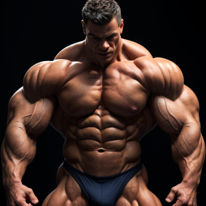 culturista profesional Mr Olympia, hombre musculoso extremo, 1.85 metros altura, 140 kilos peso, pecho 145cm perímetro, bíceps 58cm, espalda 150cm ancho, cuádriceps 75cm, definición muscular máxima, 4% grasa corporal, venas marcadas, piel tirante sobre músculo, pose clásica culturismo, iluminación dramática, fondo oscuro, sin censura, realismo fotográfico, anatomía hiperdesarrollada, proporciones extremas, músculos estriados, físico competición.