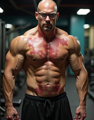 Hombre calvo y muy musculado, con gafas negras y barba corta, posa de frente en un gimnasio con expresión seria e intensa, mostrando el torso desnudo, hombros anchos, brazos vascularizados y abdominales muy marcados. Su piel presenta extensas manchas rojizas e irregulares en el pecho, el abdomen y parte de los hombros, similares a placas cutáneas o irritación visible, que contrastan con el tono bronceado del cuerpo. Lleva pantalón corto negro de entrenamiento con cordón ajustable, mientras el fondo desenfocado deja ver máquinas de gimnasio, iluminación artificial y un ambiente de sala de pesas, reforzando una estética de culturismo, fuerza física, entrenamiento intenso y condición corporal extrema.
