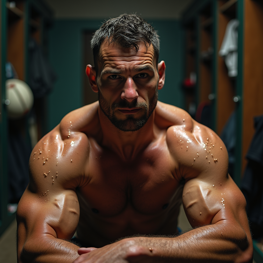 Hombre musculoso sin camiseta apoyado hacia delante en un vestuario, con los brazos enormes en primer plano y el torso brillante por el sudor bajo una iluminación dramática y dirigida. Su expresión seria e intensa, con ceño fruncido y barba corta, transmite concentración, cansancio y fuerza tras un entrenamiento duro o una competición. La piel aparece húmeda, con gotas de sudor y pequeñas partículas sobre los hombros y bíceps, resaltando la definición del pecho, trapecios, deltoides y antebrazos. Al fondo se distinguen taquillas abiertas, ropa colgada y material deportivo desenfocado, creando un ambiente de gimnasio, deporte de alto rendimiento y preparación física exigente.