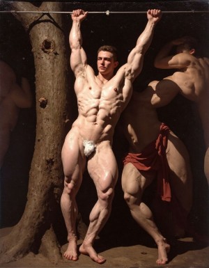 Pintura al óleo basado en el martirio de San Sebastian de Guido Reni. El modelo está atado a un arbol, desnudo, exhibiendo un cuerpo extremadamente musculoso y es ajusticiado mediante flechas lanzadas por arqueros  que se hallan a ambos lados. 