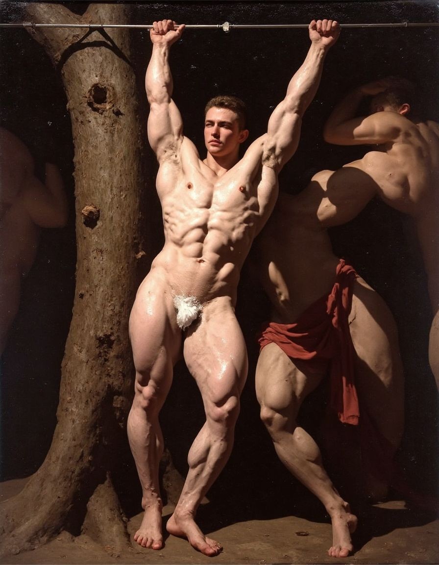 A naked man with an extremely muscular physique appears in the foreground, hanging from a horizontal bar with his arms extended upward, his torso illuminated and defined with very pronounced abs, pectorals, shoulders, and legs. His pubic area is covered by a small white cloth, while his shiny skin stands out under dramatic lighting in a classical painterly style. To the left rises a thick, rough tree trunk, and in the dark background appear other naked or partially covered male figures, one of them with a red cloth around his waist. The scene has the aesthetic of an academic, mythological, or allegorical painting, with a theatrical composition, intense chiaroscuro, and emphasis on male anatomy.