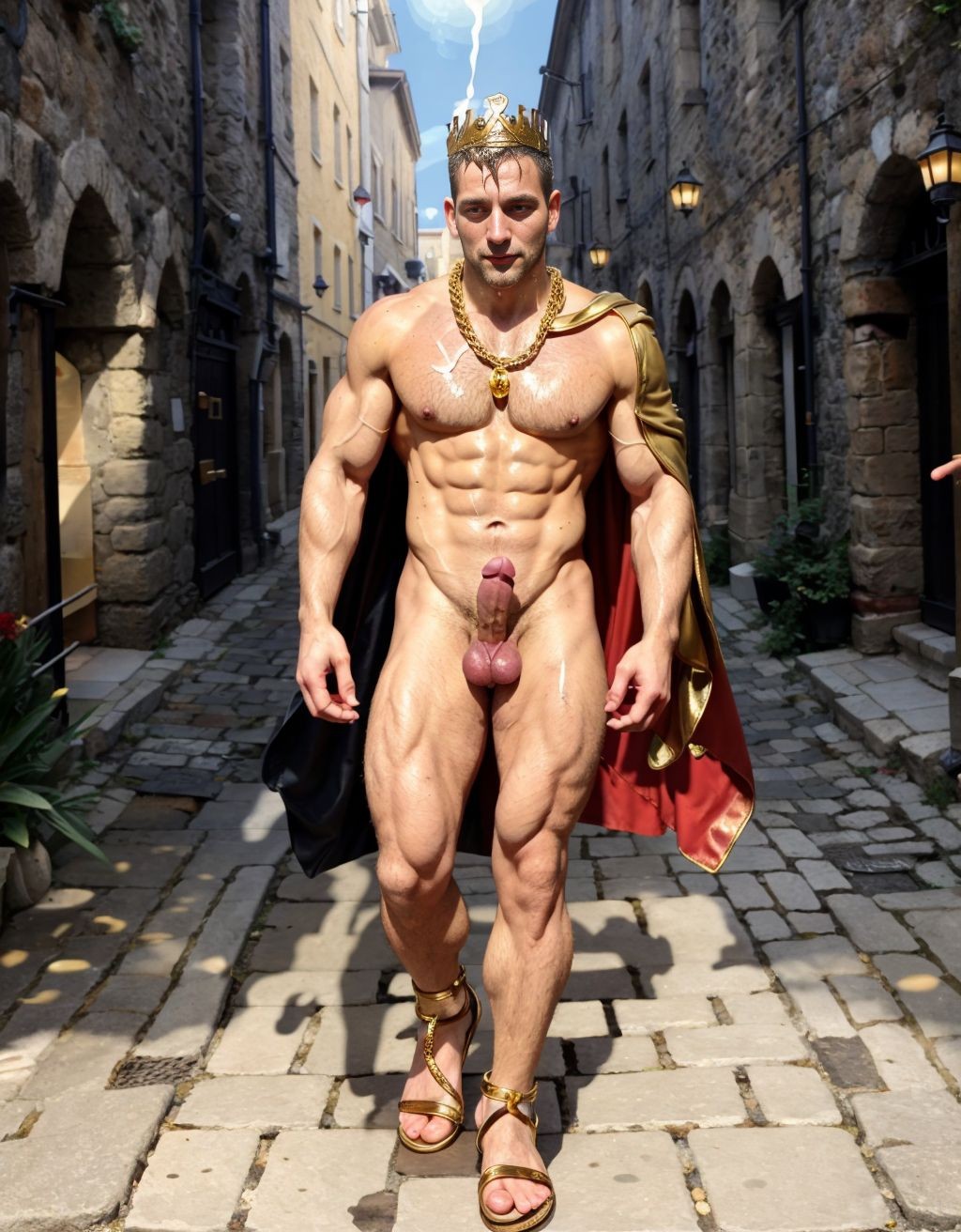 Un hombre musculoso y desnudo camina por una estrecha calle empedrada de aspecto medieval, con edificios de piedra a ambos lados y faroles en las fachadas. Lleva una corona dorada, collares y cadenas ornamentales sobre el pecho, una capa roja y negra caída sobre los hombros, brazaletes y sandalias doradas de estilo romano. Su torso está muy definido, con abdominales marcados, brazos fuertes y piernas atléticas, y el pene queda completamente visible en el centro de la composición. La escena tiene una estética de rey o gladiador clásico, con luz solar intensa, sombras marcadas y una perspectiva frontal que enfatiza su presencia dominante en el callejón antiguo.