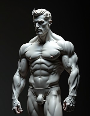 Hombre musculoso de unos 30 años con torso atlético y brazos fuertes, convertido en estatua de cemento gris, con textura rugosa y detalles realistas, su cuerpo desnudo y musculoso está congelado en una pose heroica, con los músculos tensos y la piel lisa y detallada, el cemento cubre su cuerpo desde la cabeza hasta los pies, con grietas y marcas que resaltan la textura del material, su rostro serio y concentrado, con ojos cerrados y boca firme, el cabello está cubierto por el cemento, que también cubre sus genitales, pero se pueden apreciar los contornos de su anatomía, la estatua se encuentra en un entorno minimalista y oscuro, con iluminación dramática que resalta la forma y la textura del cemento, hyper-realista y detallada, con sombras y luces que realzan la musculatura y la forma del cuerpo petrificado.