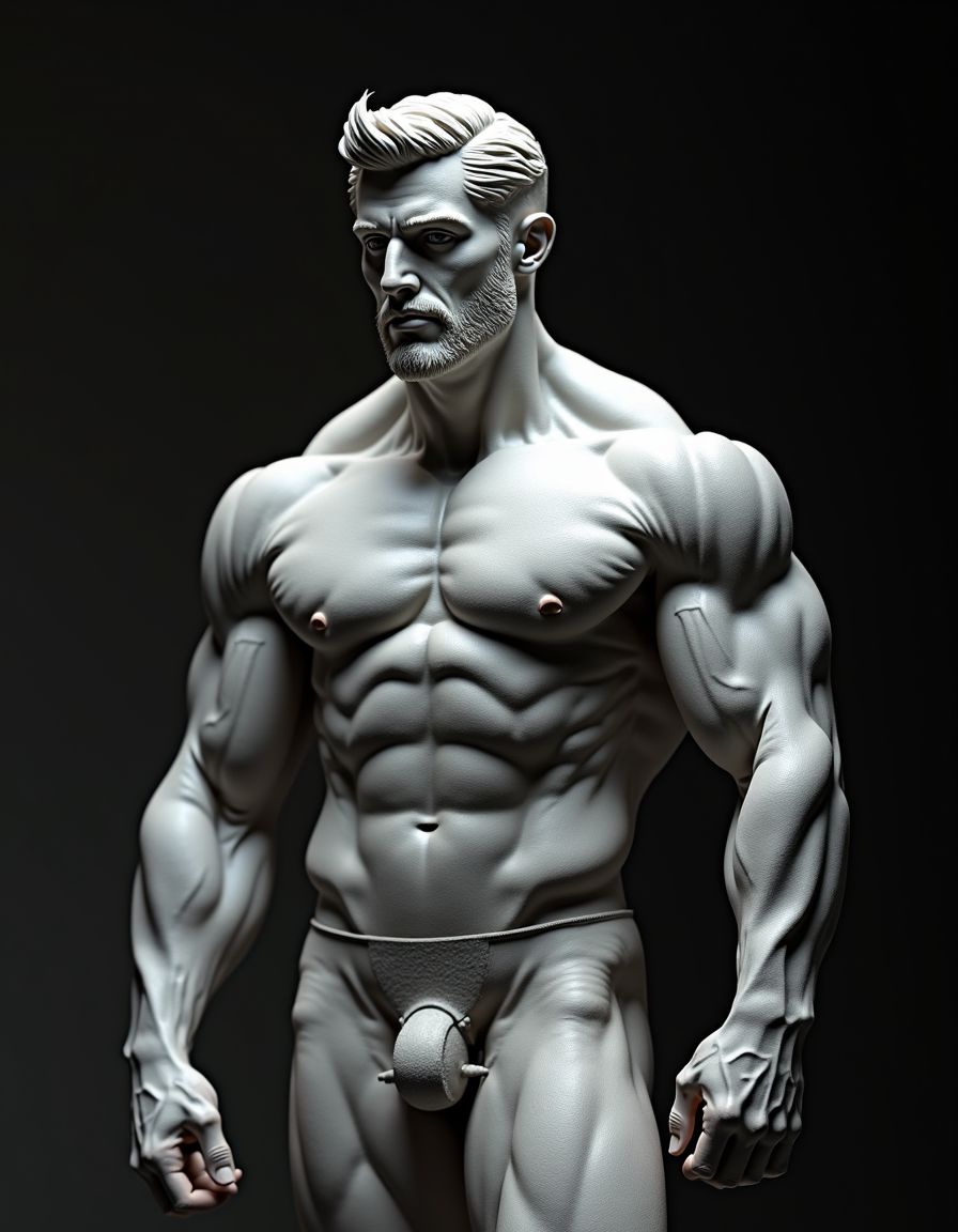 Hombre musculoso de unos 30 años con torso atlético y brazos fuertes, convertido en estatua de cemento gris, con textura rugosa y detalles realistas, su cuerpo desnudo y musculoso está congelado en una pose heroica, con los músculos tensos y la piel lisa y detallada, el cemento cubre su cuerpo desde la cabeza hasta los pies, con grietas y marcas que resaltan la textura del material, su rostro serio y concentrado, con ojos cerrados y boca firme, el cabello está cubierto por el cemento, que también cubre sus genitales, pero se pueden apreciar los contornos de su anatomía, la estatua se encuentra en un entorno minimalista y oscuro, con iluminación dramática que resalta la forma y la textura del cemento, hyper-realista y detallada, con sombras y luces que realzan la musculatura y la forma del cuerpo petrificado.