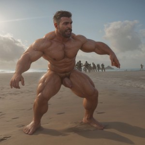 Tres soldados desnudos musculosos y tatuados, de 35 años de edad, disfrutan de su día de descanso haciendo deporte en una playa del Pacífico, están parados desnudos y mostrando su grandes penes y hermosos testículos. Tienen mucho vello por todo el cuerpo. La luz del Sol les da de frente e ilumina con claridad sus cuerpos sudorosos. Su pene se mueve hacia los lados quedando los testículos al descubierto.