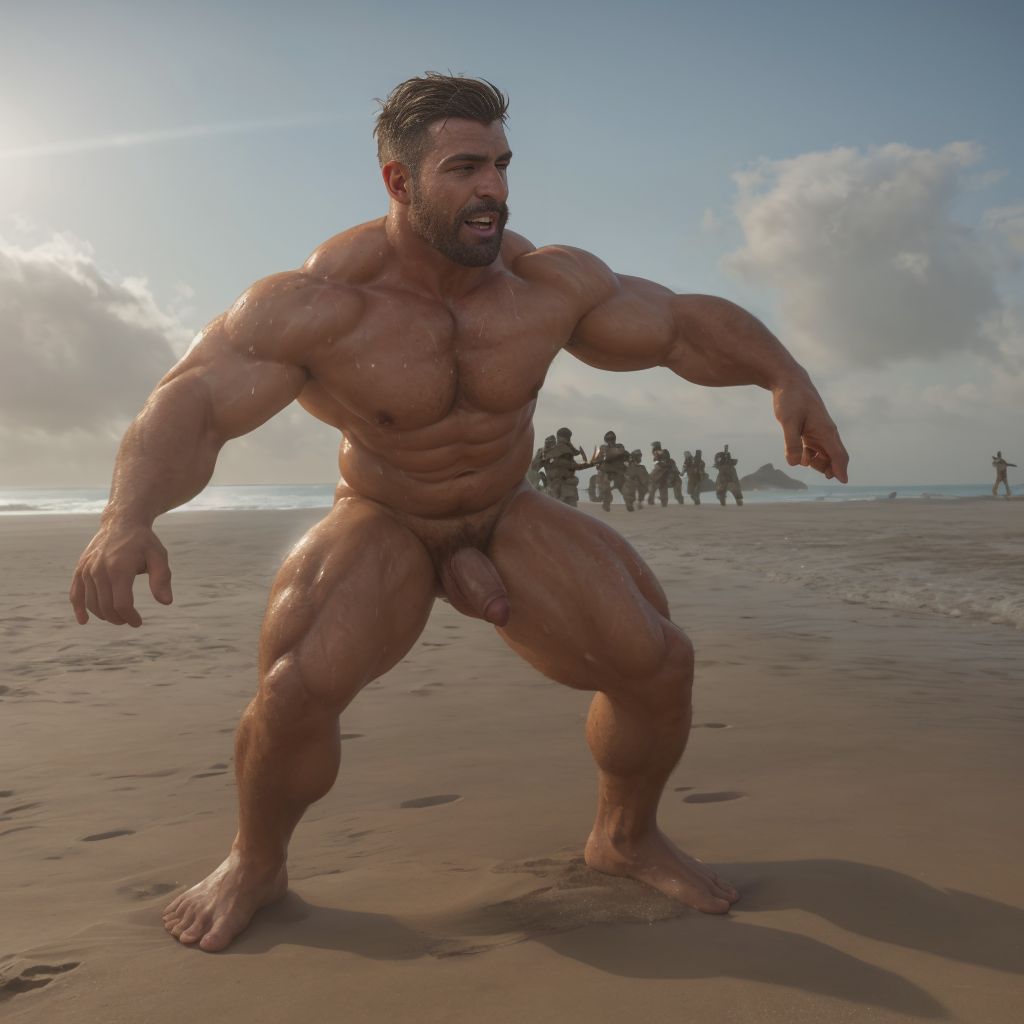 Tres soldados desnudos musculosos y tatuados, de 35 años de edad, disfrutan de su día de descanso haciendo deporte en una playa del Pacífico, están parados desnudos y mostrando su grandes penes y hermosos testículos. Tienen mucho vello por todo el cuerpo. La luz del Sol les da de frente e ilumina con claridad sus cuerpos sudorosos. Su pene se mueve hacia los lados quedando los testículos al descubierto.