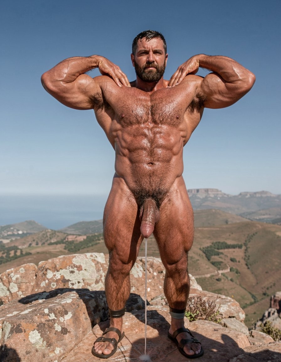 A hyper-masculine ancient Zapotec warrior named Cocijo, 26 years old, standing perfectly at attention under the brutal midday sun on the rocky summit of Cerro La Cantera in San Pablo Huitzo, Oaxaca, 600 AD. Completely naked except for worn leather strip sandals. Square jaw clenched, thick veiny neck, bronze skin drenched in sweat that makes every muscle shine. Extremely powerful and fully flexed physique: massive square pectorals tensed to the maximum, thick dark wet chest hair matted against the hard muscle, large erect nipples, deeply carved eight-pack abs glistening with sweat, thick black treasure trail running down to a dense dark pubic bush. Enormous veiny arms and shoulders flexed hard, biceps and triceps bulging like stone, thick hairy thighs and calves locked in full tension. His massive 35cm cock is rock-hard, pointing straight up against his abs, thick veins pulsing, the swollen head continuously leaking thick white precum that runs down the shaft and drips heavily from his tight balls. A thick black leather cock ring is locked brutally tight at the very base, behind his heavy balls, making the entire package look painfully swollen, darker and throbbing non-stop. Gayon Von Neumann’s hands are firmly gripping and squeezing his hairy, flexed pectorals. Cocijo stares straight ahead with total obedience, every muscle in his body still tensed and displayed for inspection. Raw, dominant, extremely virile ancient masculine atmosphere, dramatic sunlight casting strong shadows on every ridge of muscle, hyper-realistic and extremely detailed.
