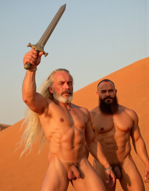 Enrique es un hombre muy delgado de 50 años, tiene cabello largo con canas blancas, tiene barba blanca abundante y larga. Está totalmente desnudo, en sus manos lleva una espada de oro alzada hacia el cielo. Tiene un cuerpo muy delgado con músculos marcados y definidos. 💪🏼. Tiene un pene erecto de 36,8 cm de longitud y 7,9 cm de diámetro. Tiene mucho vello corporal blanco que cubre su pecho brazos y piernas. Está en la arena del desierto entre grandes dunas de arena color terracota.

Federico es un hombre delgado de 32 años con una barba rubia oscura abundante , está totalmente desnudo, tiene un cuerpo atlético y vigoroso, tiene mucho vello corporal rubio oscuro que cubre su pecho y también sus brazos y sus piernas, tiene una barba muy poblada de pelo rubio oscuro. Federico está en la arena del desierto. Tiene un pene erecto de 35,5 cm de longitud y 8,8 cm de diámetro que sobresale por encima de sus testículos que están a la vista y son muy peludos. Penes están erectos y excitados sexualmente. Enrique y Federico tienen sus cuerpos bronceados por el Sol.