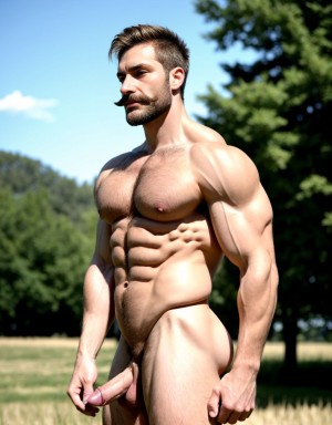 Hombre de  50 años, moreno, desnudo, delgado, con pene erecto, testículos visibles son grandes y están velludos, pecho y brazos velludos, cara delgada, cabello rubio, mostrando trasero perfecto, muy atractivo y viril, cuerpo completo. Lleva sandalias en sus pies. Está parado en el campo. Su cara tiene mentón grande y con hoyete. Hombre culturista, músculos muy definidos. Está inclinado hacia adelante para enseñar sus músculos definidos. Tienes grandes huevos y peludos. Tiene bigote. Está de perfil enseñando los testículos. Masturbación y eyaculación: 8