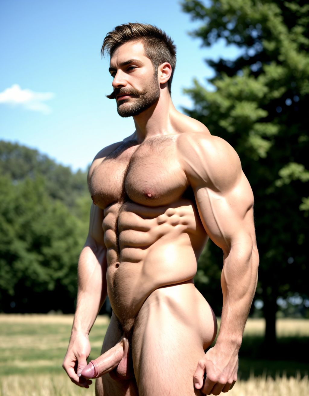 Hombre de  50 años, moreno, desnudo, delgado, con pene erecto, testículos visibles son grandes y están velludos, pecho y brazos velludos, cara delgada, cabello rubio, mostrando trasero perfecto, muy atractivo y viril, cuerpo completo. Lleva sandalias en sus pies. Está parado en el campo. Su cara tiene mentón grande y con hoyete. Hombre culturista, músculos muy definidos. Está inclinado hacia adelante para enseñar sus músculos definidos. Tienes grandes huevos y peludos. Tiene bigote. Está de perfil enseñando los testículos. Masturbación y eyaculación: 8