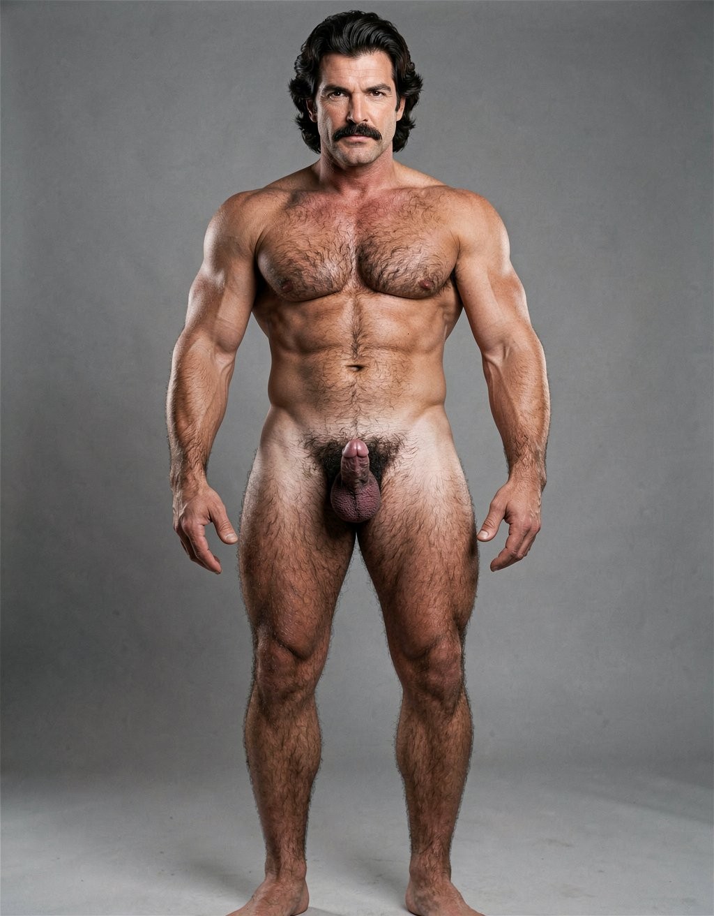 Full body portrait of Tom Selleck age 35, early 1980s Magnum P.I. era, 1.93m athletic V-taper build 80kg 8% body fat, standing nude facing viewer arms relaxed, thick dark wavy hair brushed back with volume, iconic dense horseshoe mustache, square masculine face, intense deep-set brown eyes, broad hairy chest with dense dark curly hair connecting to defined six-pack and deep Apollo's belt V, small pinkish-brown nipples, thick muscular neck, prominent veins on arms forearms lower abs groin and calves, large veiny penis with flared pink glans and moderate foreskin, hanging dark wrinkled scrotum with large oval testicles, powerful rounded glutes, thick hairy thighs with massive quads, dense dark leg hair especially on calves, large veiny feet, natural skin tones, sharp realistic anatomy and textures, dramatic cinematic lighting with soft rim light accentuating muscle definition and body hair, photorealistic, ultra detailed, 8k.   De cuerpo entero desde los pies hasta la cabeza.
