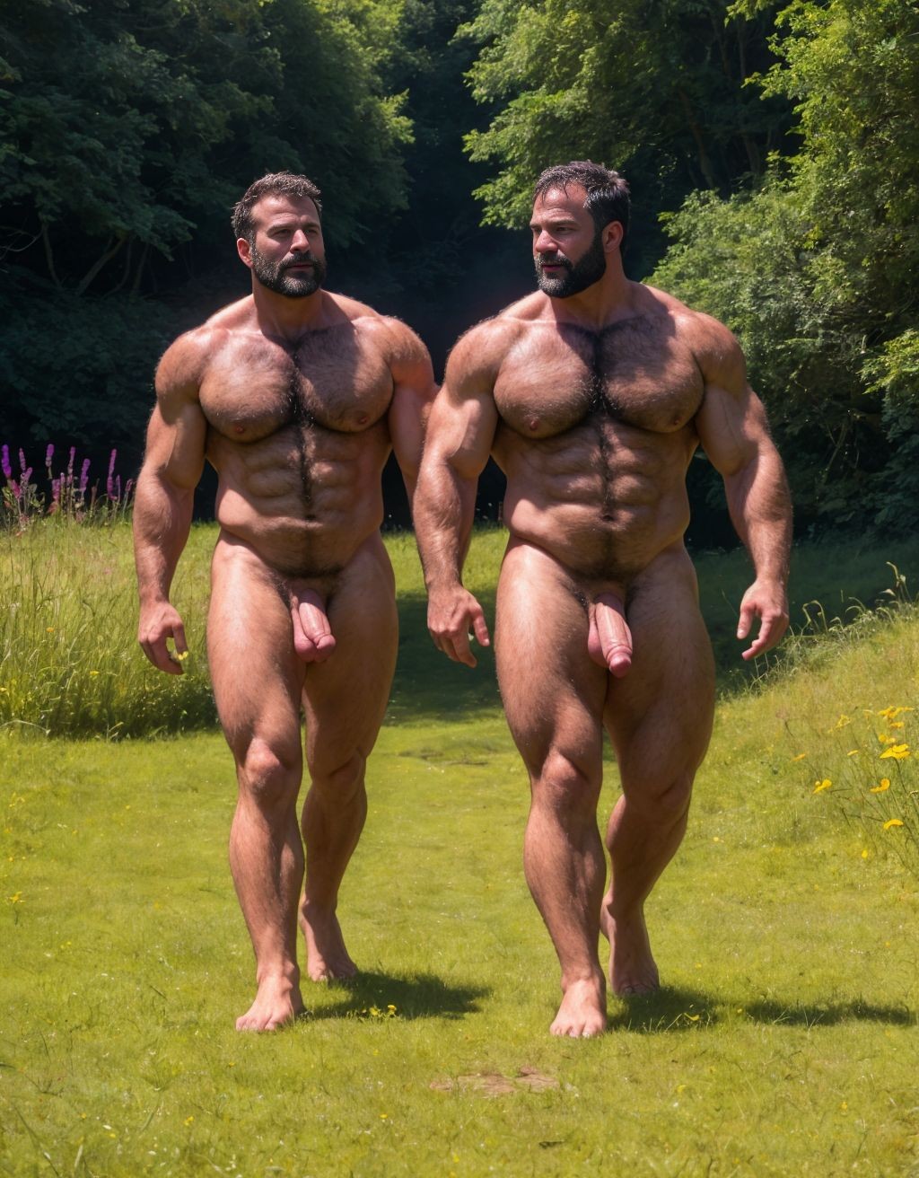 Dos Hombres desnudos con pene grande y grandes testículos peludos. Tiene Cabeza y cara de hombre de 40 años de edad. Tiene un pene grande y erecto de donde sale semen líquido blanco. Con la mano se acaricia suavemente. Tiene mucho vello por todo el cuerpo. Lleva sandalias de color rojo en los pies. Es muy mucho viril, con cara de malote. Está andando por un camino de un prado verde lleno de mariposas. Está delgado. Tiene los pies en el suelo. Está contento. Tiene mucho vello en todo el cuerpo. Es muy delgado. Tiene zapatos en los pies. Tiene mucho vello. Es muy delgado. Tiene los pies en el suelo. Tiene nariz grande. Son muy viriles.