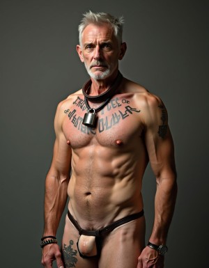 Mature man with short gray hair and a white beard, with a serious expression and direct gaze, poses standing against a dark gray background with studio lighting that highlights his muscular physique, defined abs, sculpted chest, and strong arms. He wears a black harness or collar around his neck with a metal padlock hanging over his chest, several large tattoos on his torso, shoulders, and thigh, as well as black bracelets and a watch. He wears only a very narrow black leather jockstrap or thong, with a tight front pouch that covers the penis and leaves much of the pelvis and legs exposed, creating a fetishistic, masculine, and provocative aesthetic.