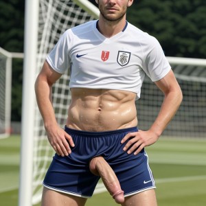 Hombre de 30 años, cuerpo normal, jugador de fútbol, solo con botas y medias de fútbol, pene en erección visible, muslos fuertes, piel sudorosa, ambiente deportivo.