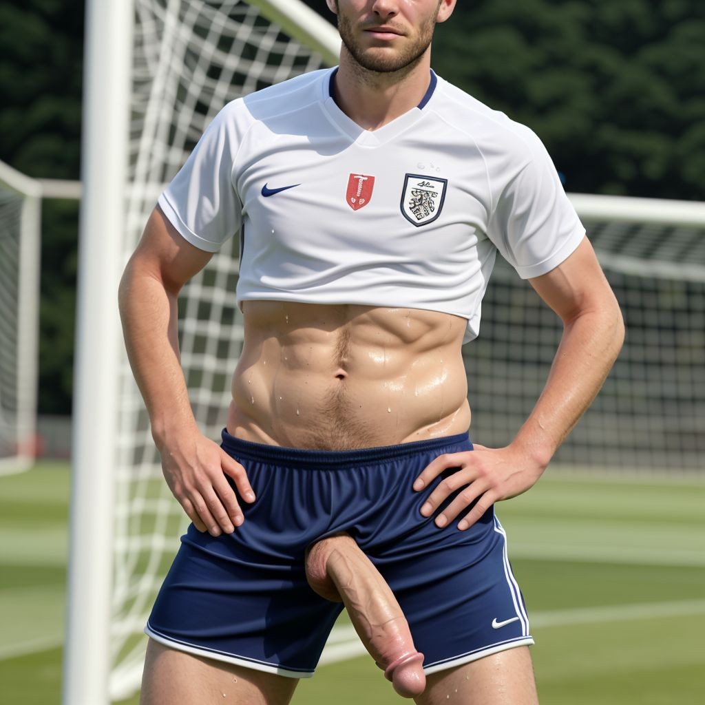 Hombre de 30 años, cuerpo normal, jugador de fútbol, solo con botas y medias de fútbol, pene en erección visible, muslos fuertes, piel sudorosa, ambiente deportivo.