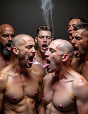 5 hombres se escupen en la boca sacando la lengua, en primer término hay dos hombres calvos de 40 años rapados, todos se miran con vicio,  el fondo es oscuro. Cae saliva de arriba y les cae en la cabeza. 