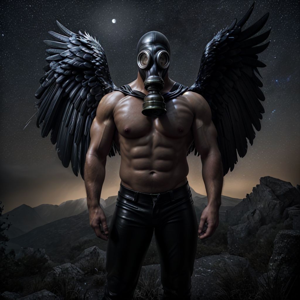 Male figure with an imposing and fantastical appearance, with a bare, very muscular torso, defined abs, and strong arms, standing in a rocky mountain landscape under a starry night sky. He wears a black gas mask that completely covers his face, with circular filters and a front tube, creating a dark, post-apocalyptic, and surreal aesthetic. From his back unfold large black feathered wings, similar to those of a raven or fallen angel, spread open on both sides with great drama. He wears tight black pants with a shiny finish, while the cold lighting highlights the skin, feathers, and rocks, reinforcing an atmosphere of dark fantasy, power, mystery, and menace.