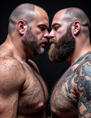 Dos hombres tipo oso, muy velludos, con barba muy larga, hipermasculinos, están  de perfil mirándose, se acercan para darse un beso, llevan el cabello al uno. El fondo negro.