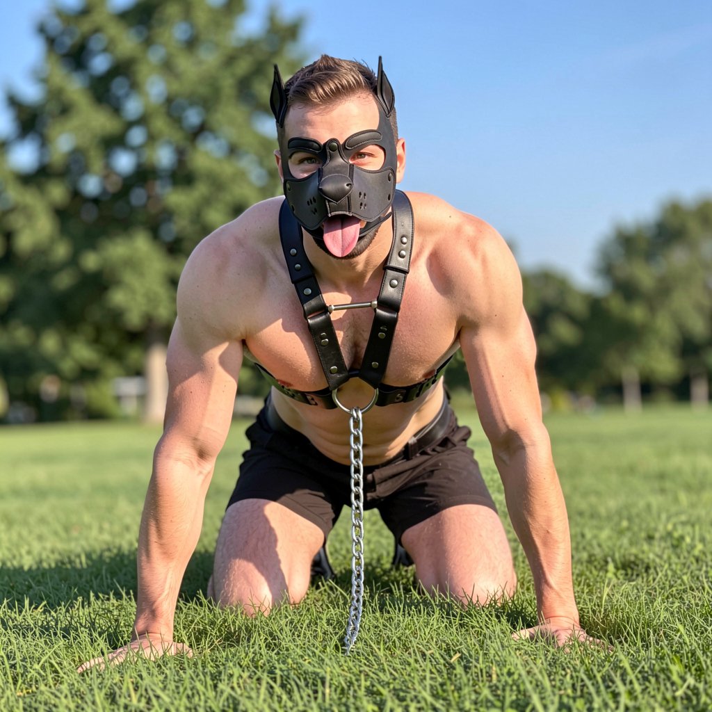 Hombre joven de 20 años con cuerpo atlético y fibrado, piel clara y suave, mascarilla de puppy que resalta su rostro juvenil, ojos claros y brillantes que reflejan una expresión juguetona y descarada, lengua fuera de la boca en un gesto pícaro y divertido. 

Torso completamente desnudo, mostrando pectorales y abdominales bien definidos, músculos tonificados en los brazos que destacan su físico atlético. Un arnés de cuero negro ajustado al pecho, con hebillas metálicas que brillan suavemente, y tiras de cuero negro horizontales que realzan su complexión muscular. Una cadena metálica plateada enganchada al arnés cuelga hacia el suelo, añadiendo un toque de osadía y atrevimiento a su postura.

Se encuentra en posición de cuatro patas sobre un césped verde intenso, con las manos apoyadas firmemente en el suelo y las rodillas hundidas en la hierba fresca. El fondo, desenfocado, muestra árboles frondosos y un cielo azul despejado, bañado en una luz natural de día soleado que proyecta sombras suaves y delicadas sobre su figura.

La expresión del joven es de descaro y atrevimiento, como si estuviera desafiando al espectador con su mirada audaz y su postura provocativa. La imagen debe tener un realismo fotográfico, con alta definición y detalles precisos, capturando cada textura, cada sombra y cada expresión con claridad y nitidez.
