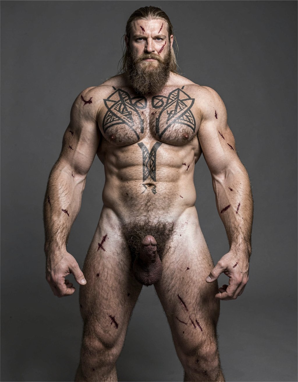 Amleth (Alexander Skarsgård) — Está de cuerpo entero desde los pies hasta la cabeza. Es el protagonista de la historia y es el príncipe vikingo que presencia el asesinato de su padre, el rey Aurvandil. Jura venganza y se convierte en un berserker implacable. Físicamente es una bestia: masivo, tatuado, cubierto de cicatrices, pelo largo y sucio. Su motivación es animal, casi mística. No es un héroe noble; es pura rabia y destino. ---
Altura imponente, unos 194 cm. Cuerpo masivo, musculatura densa y trabajada, no estilizada — parece esculpido a hachazos. Pectorales anchos y marcados y definidos, abdomen marcado pero muy definido como un culturista; es un cuerpo de 7% de grasa corporal, de guerrero que ha pasado años remando, luchando y matando. Hombros desproporcionadamente anchos, cintura más estrecha y pequeña. Brazos fuertes marcados y definidos con venas visibles en antebrazos y bíceps cuando empuña el hacha. Muslos poderosos, pantorrillas fibrosas. Piel pálida, casi grisácea bajo la suciedad y la sangre, cubierta de cicatrices: una grande que le cruza el torso, cortes menores en brazos y costillas. Tatuajes oscuros y densos — símbolos nórdicos, runas, líneas geométricas — que le cubren el pecho, los hombros y parte de la espalda. Vello corporal oscuro, especialmente en el pecho y el pubis. Cara angulosa, mandíbula cuadrada, pómulos marcados. Barba espesa y desigual, más larga en la barbilla, mezcla de rubio sucio y castaño claro, a menudo enmarañada. Pelo rubio sucio, largo, lacio, con mechones más oscuros por la mugre, a veces recogido. Cejas espesas, ojos azul pálido, mirada fija y desquiciada, con un brillo de locura contenida. Labios finos y agrietados. Cicatriz en el labio superior que le tira ligeramente la comisura. Su olor sería a cuero mojado, sudor rancio, hierro y tierra.
Tiene una polla proporcional a su tamaño de 22 cm de largo y 4 cm de ancho; está circuncidado, con el glande grueso y visible; el tronco del pene es largo, con venas marcadas que le recorren el lateral; tiene un vello púbico denso, oscuro, en forma de V invertida que le sube hasta el ombligo; tiene testículos grandes, colgando ligeramente asimétricos, con la piel del escroto arrugada y más clara que el resto del cuerpo; el pene erecto se curva ligeramente hacia arriba, con la cabeza bien definida y el frenillo tirante; su pene es una herramienta brutal, acorde con el berserker que la porta. Lleva sandalias vikingas en sus pies. Tiene mucho vello corporal, sobre todo en el pecho.

