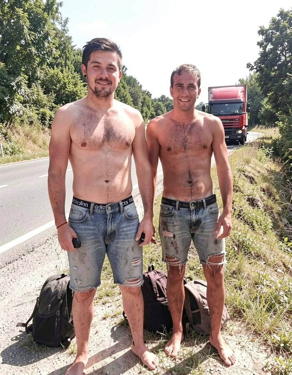 Dos hombres jóvenes aparecen de pie junto al arcén de una carretera rural, sin camiseta y descalzos, con vaqueros cortos desgastados y manchados de barro, bajo una luz intensa de verano. Ambos sonríen mirando a la cámara, con el torso descubierto, pelo corto y aspecto cansado o aventurero, como si vinieran de una caminata, un viaje improvisado o alguna actividad al aire libre. A sus pies hay mochilas negras apoyadas en la grava y la hierba, mientras al fondo se ve un camión rojo circulando por la carretera bordeada de árboles frondosos y vegetación densa, creando una escena de viaje, carretera, naturaleza y descanso informal.