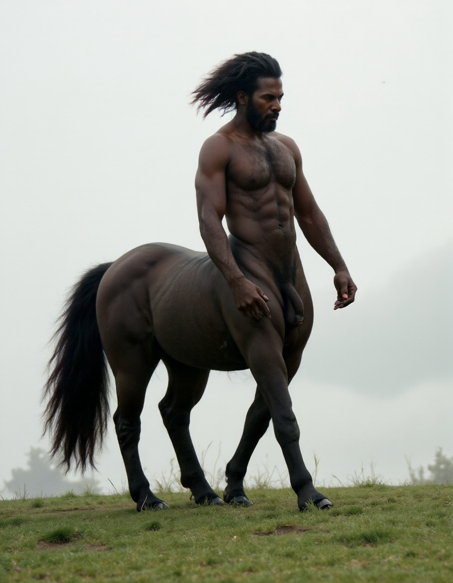 Caballo negro totalmente desnudo cuerpo entero con polla erecta gigante a la vista entre las patas traseras y huevos gordos a la vista entre las patas traseras 🫏, (solo tiene cuatro patas, no distorsión) es un macho viril. Tiene cabeza de hombre con torso peludo musculado y brazos peludos musculosos. Es un centauro masculino. Pelo largo despeinado y movido por el aire.