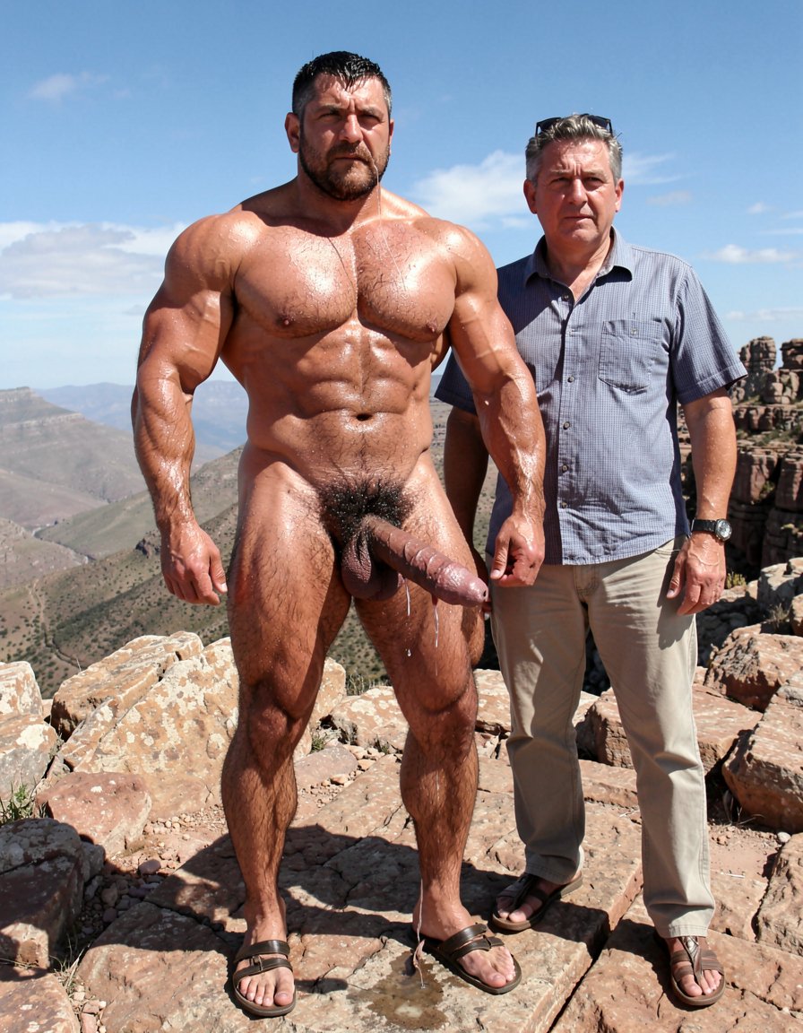 A hyper-masculine ancient Zapotec warrior named Cocijo, 26 years old, standing tall and tense under the harsh midday sun on the rocky summit of Cerro La Cantera in San Pablo Huitzo, Oaxaca, 600 AD. Completely naked except for simple leather strip sandals. Square jaw clenched, thick veiny neck, bronze skin completely covered in a shiny layer of sweat. Extremely powerful and worked physique: massive square pectorals flexed hard, dark wet chest hair plastered to the muscle, thick erect nipples, deeply carved eight-pack abs glistening, thick black treasure trail running down to a dense dark pubic bush. Enormous veiny arms flexed to the limit, biceps and triceps bulging like carved stone, thick hairy thighs and calves tensed into pure muscle. His massive 35cm cock is rock-hard, pointing straight up against his abs, thick veins pulsing visibly, the swollen head continuously leaking thick white precum that runs down the shaft and drips heavily from his tight balls. A thick black leather cock ring is locked brutally tight at the very base, behind his heavy balls, making the entire package look painfully swollen, darker and throbbing non-stop. He stands perfectly at attention beside Gayon Von Neumann, every muscle in his body flexed and displayed, looking straight ahead with total obedience and submission. Raw, dominant, extremely virile ancient masculine atmosphere, dramatic sunlight casting strong shadows on every ridge of muscle, hyper-realistic and extremely detailed.