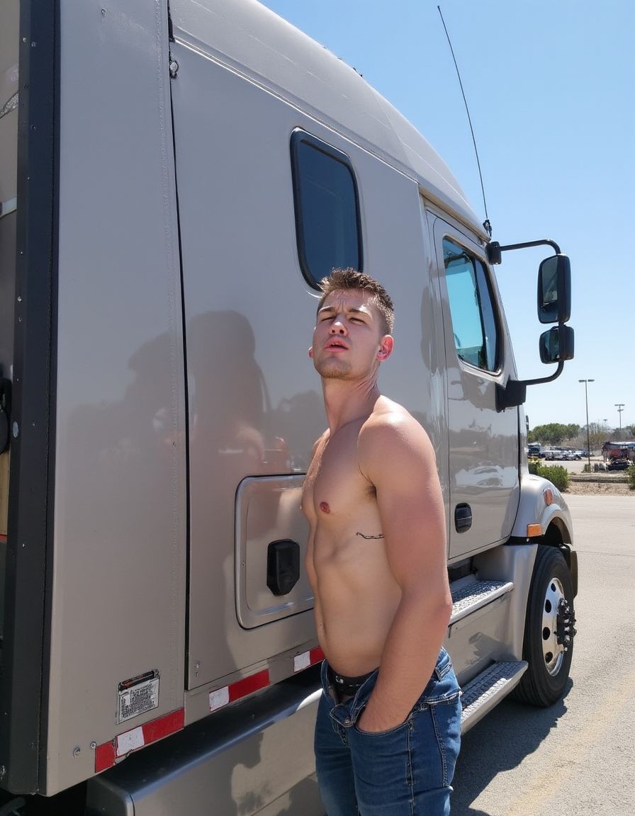 Hombre joven sin camiseta, con vaqueros azules desabrochados y las manos en los bolsillos, apoyado junto al lateral de un camión tráiler gris estacionado bajo un cielo despejado. Mira hacia la cámara con expresión relajada, mientras la luz intensa del mediodía resalta su torso y un pequeño tatuaje lateral en las costillas. La cabina, los retrovisores, la rueda delantera y la carrocería metálica del vehículo ocupan el fondo de esta escena en un aparcamiento de carretera.