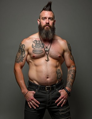 motero encuerado con barriga, cresta mohicana y barba