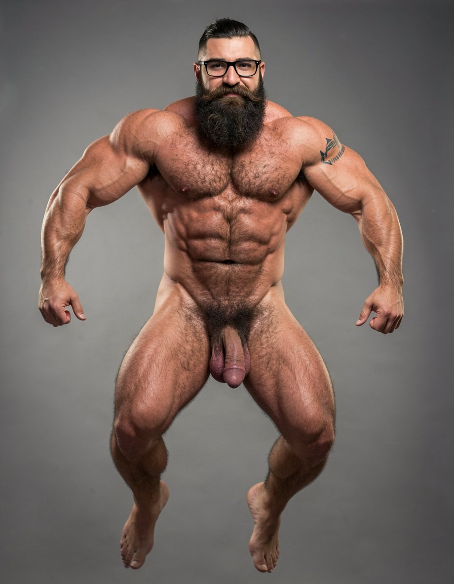 A highly detailed full-body nude photograph of a 40-year-old dominant muscle bear named Hipsterbarba, standing confidently in a well-lit studio with dramatic lighting that accentuates every muscle. He is 180cm tall, 80kg with 8% body fat, extremely muscular and symmetrical. Massive rounded hairy pecs with clear separation and dark pointed nipples, shredded six-pack abs with deep cuts and visible obliques forming a strong V-taper, wide shoulders, vascular arms, huge quads and defined legs. Very dense black masculine body hair covering his chest, running down in a thick treasure trail to a very bushy dark pubic area. He has a perfectly groomed long Bandholz beard that reaches mid-chest, thick mustache with curled upward spiral ends, modern high fade undercut hairstyle, black hipster glasses, and a small tattoo on his right bicep that reads 