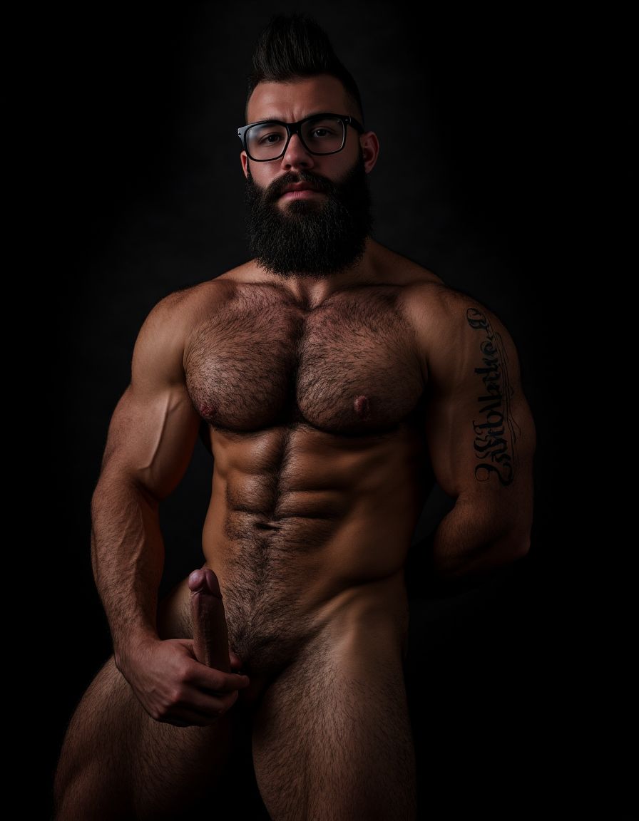 Fotografía hiperrealista de un hombre adulto musculoso a la vista desde las rodillas para arriba hasta la cabeza, rostro masculino idéntico a la imagen de referencia totalmente desnudo con polla erecta de treinta centímetros de longitud y ocho centímetros de diámetro, tiene rasgos marcados duros expresivos, barba densa poblada tupida oscura estilo hipster cubriendo completamente mandíbula mentón mejillas con grosor uniforme textura abundante muy definida, bigote denso tupido oscuro conectado perfectamente con la barba completa cubriendo completamente el labio superior, pelo oscuro medio peinado completamente recto hacia arriba con volumen considerable estilo hipster moderno quiff puntas verticales texturizadas hacia el cielo con altura prominente, cejas gruesas oscuras pobladas muy marcadas definidas, gafas de montura completa negra cuadradas grandes estilo hipster moderno sobre el puente de la nariz enmarcando unos ojos oscuros intensos que miran directamente a cámara con expresión seria penetrante confiada, expresión facial seria masculina sin sonrisa con mirada directa desafiante, pómulos marcados definidos angulares, nariz recta proporcionada, labios medios apenas visibles completamente cubiertos por bigote denso que conecta con la barba hipster completa, torso desnudo muy musculoso con pectorales enormes desarrollados y definidos y velludos peludos, hombros anchos musculosos deltoide prominentes, brazos musculosos gruesos con bíceps y tríceps marcados visibles a ambos lados del cuerpo, abdomen tonificado marcado visible desde la cintura, piel con textura realista detallada poros imperfecciones sutiles, vello corporal denso oscuro abundante cubriendo pectorales abdomen brazos hombros con textura natural masculina muy visible, tatuaje en tinta negra en el bíceps del brazo derecho con la palabra exacta ((