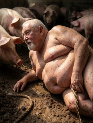 Un hombre mayor desnudo, con barba gris y la piel manchada de barro, yace de lado sobre el suelo húmedo de una pocilga, rodeado de varios cerdos rosados que se acercan entre la paja y la tierra. Su cuerpo robusto aparece iluminado por una luz cálida que resalta el pecho, el vientre, los pliegues de la piel y la textura sucia del barro adherido. Una cuerda gruesa cruza el primer plano y pasa junto a su mano, reforzando una atmósfera rural, áspera e inquietante. Los cerdos, algunos desenfocados al fondo, llenan el espacio cerrado con un ambiente de granja, establo y suciedad.