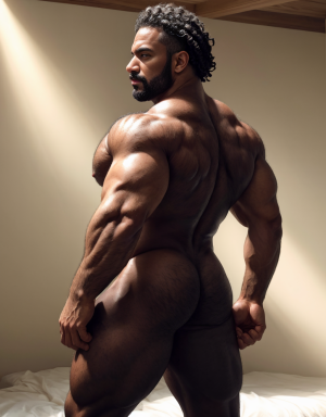 Hombre negro desnudo, musculoso, tiene pene negro, tiene testículos negros. Tiene sandalias negras. Tiene mucho vello negro. Tiene pelo largo rizado negro. Tiene pezones muy grandes y puntiagudos.