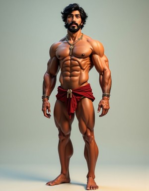 PEDRO de cuerpo entero 8K de hombre mediterráneo muy masculino y muy delgado pero musculoso está de pie, textura de piel natural híper realista, cara geométrica brutal con mandíbula cuadrada pesada, pómulos altos anchos, barbilla prominente con hoyuelo, ojos oscuros marrones profundos hundidos con cejas gruesas densas, nariz grande puente ancho recto forma griega, bigote morsa negro denso espeso cayendo en extremos cubriendo labio superior completamente, pelo negro rizado voluminoso desordenado, cuello grueso de toro con nuez prominente, pecho ancho cubierto vello negro rizado denso, pectorales voluminosos definidos con surco central profundo, cadena dorada colgando en surco pectoral, pezones oscuros marrón rojizo areolas anchas, abdominales six-pack marcados, vello corporal abundante formando trail oscuro vertical desde pecho hasta entrepierna, brazos musculosos gruesos con venas marcadas deltoides prominentes bíceps grandes tríceps herradura cubiertos vello negro, manos grandes dedos gruesos nudillos prominentes pelo dorso manos, piernas musculosas cuádriceps voluminosos muslos gruesos cubiertos vello negro denso rodillas huesudas pantorrillas gemelos forma diamante, pies grandes anchos pelo empeine, polla erecta treinta centímetros gruesa ocho centímetros diámetro color marrón oscuro curvada arriba venas dorsales marcadas prepucio largo glande ancho rojizo apuntando hacia arriba, huevos grandes colgando bajos escroto oscuro arrugado tamaño huevos gallina XL, piel aceitunada bronceada mediterránea, iluminación natural realista, fotorrealista, hiperdetallado, desnudo completo. Pies desnudos. Polla erecta dura hacia arriba