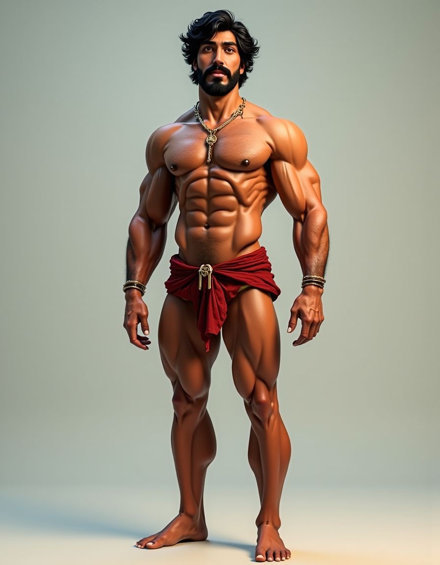 PEDRO de cuerpo entero 8K de hombre mediterráneo muy masculino y muy delgado pero musculoso está de pie, textura de piel natural híper realista, cara geométrica brutal con mandíbula cuadrada pesada, pómulos altos anchos, barbilla prominente con hoyuelo, ojos oscuros marrones profundos hundidos con cejas gruesas densas, nariz grande puente ancho recto forma griega, bigote morsa negro denso espeso cayendo en extremos cubriendo labio superior completamente, pelo negro rizado voluminoso desordenado, cuello grueso de toro con nuez prominente, pecho ancho cubierto vello negro rizado denso, pectorales voluminosos definidos con surco central profundo, cadena dorada colgando en surco pectoral, pezones oscuros marrón rojizo areolas anchas, abdominales six-pack marcados, vello corporal abundante formando trail oscuro vertical desde pecho hasta entrepierna, brazos musculosos gruesos con venas marcadas deltoides prominentes bíceps grandes tríceps herradura cubiertos vello negro, manos grandes dedos gruesos nudillos prominentes pelo dorso manos, piernas musculosas cuádriceps voluminosos muslos gruesos cubiertos vello negro denso rodillas huesudas pantorrillas gemelos forma diamante, pies grandes anchos pelo empeine, polla erecta treinta centímetros gruesa ocho centímetros diámetro color marrón oscuro curvada arriba venas dorsales marcadas prepucio largo glande ancho rojizo apuntando hacia arriba, huevos grandes colgando bajos escroto oscuro arrugado tamaño huevos gallina XL, piel aceitunada bronceada mediterránea, iluminación natural realista, fotorrealista, hiperdetallado, desnudo completo. Pies desnudos. Polla erecta dura hacia arriba