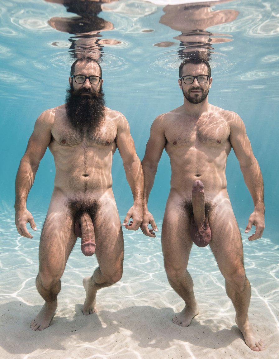 Photorealistic ultra-detailed cinematic underwater shot at El Playazo nudist beach in Vera Playa, Almería. Hipsterbarba and Ferran swimming side by side in powerful breaststroke style, fully submerged in perfectly clear turquoise Mediterranean water at midday. Hipsterbarba is exactly 40 years old, 180cm, 80kg, 8% body fat with zero belly, extremely dry and shredded six-pack deeply contracting with every stroke, dense black wet chest hair floating and swaying in the current, thick dark treasure trail from navel to heavy bush, powerful vascular shoulders and arms extended in a strong pull, muscular hairy quads and defined adductors kicking wide and powerful. His high fade undercut hair is slicked back by the water, extremely long thick well-groomed Bandholz beard floats wildly around his face, chest and almost to his navel like a heavy dark veil, big mustache with long curled spiral tips drifting in the current, black hipster glasses still on with tiny bubbles clinging to them. His massively improved thick heavy veiny cock (now even bigger, more beautiful and perfectly shaped) sways and drifts freely between his legs, fat pink glans fully visible under the pulled-back foreskin, heavy low-hanging hairy balls floating and bouncing gently with each kick.

Ferran swims right beside him, 28 years old, competition shredded at 5% body fat, massive rounded pecs and carved eight-pack flexing hard underwater, huge veiny arms pulling powerfully, short dark wet hair and stubble, long thick cock and heavy balls also drifting and swinging with every movement.

Strong Mediterranean sunlight beams piercing the surface creating dramatic god rays and caustic light patterns dancing across their naked hyper-muscular bodies, individual air bubbles rising from beards, noses and mouths, hyperrealistic water refraction, crystal clear visibility, every single strand of floating body hair, beard hair and water droplet perfectly detailed. Sandy seabed visible 3 meters below, gentle surface ripples above, raw explicit male bodies, maximum sharpness, cinematic underwater lighting with perfect color grading and hyper-detailed textures.

