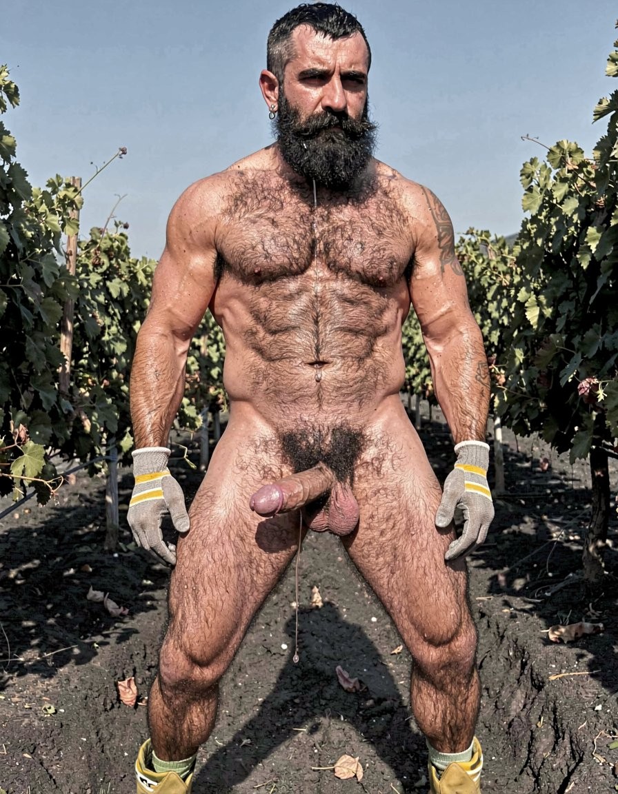 A hyper-realistic full-body vertical photograph taken in harsh midday Santorini sunlight over black volcanic soil between rows of Assyrtiko vines. Dimitris, 32, stands completely naked except for grey work gloves with yellow and white stripes, feet planted wide apart on the dark earth, toes gripping the soil. Shot from a low frontal angle so every inch from his big dirty feet to the top of his head is visible without cropping. His body is at 5% body fat, extremely muscular competition physique: huge veiny traps and shoulders, massive hairy pecs, eight-pack abs partially covered by dense black curly body hair that runs from his neck all the way down to his toes. Extremely thick black pubic bush, massive thick veiny Greek cock rock-hard and pointing upward almost touching his abs, swollen purple glans shiny with precum, a long clear drop hanging from the slit. Heavy low-hanging hairy balls. Thick black hair covers his powerful thighs, calves and feet. His face is pure predator: long thick connected black beard and mustache, short jet-black hair with shaved sides, dark intense eyes looking straight at the viewer, small silver earring in left ear. Skin deeply tanned and covered in sweat that makes the dense body hair glisten. Every muscle, every strand of wet black hair, every vein is razor sharp under the direct Mediterranean sun. Maximum photorealistic detail, vertical composition showing the entire body head to toe with no cropping.