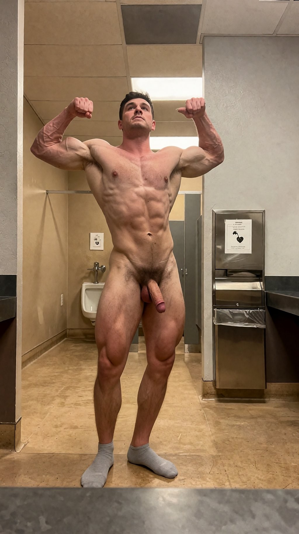 Hombre desnudo de físico extremadamente musculado posando de pie en un baño público o vestuario, con los brazos levantados y flexionados para marcar bíceps, hombros y pectorales. Su abdomen está muy definido, con abdominales marcados, cintura estrecha, piernas voluminosas y vascularidad visible, especialmente en brazos y muslos. Lleva únicamente calcetines grises y el pene queda completamente visible entre las piernas. El entorno tiene suelo y paredes de azulejo beige, un urinario al fondo, encimera oscura a un lado, techo con paneles y un dispensador metálico o papelera junto a la pared, reforzando el contexto de aseo interior iluminado con luz artificial.