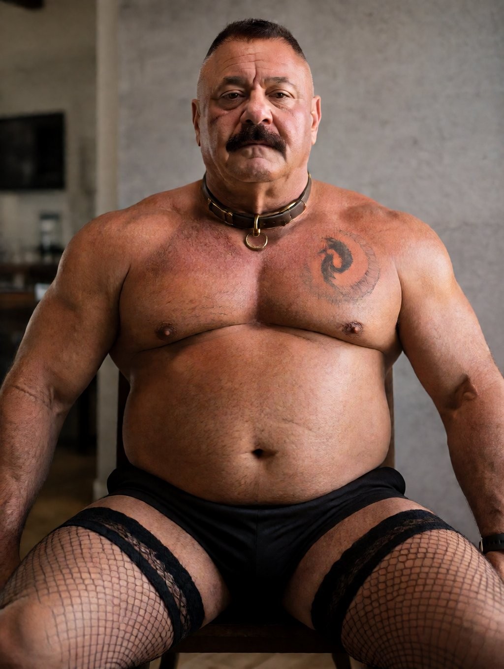 Mature and burly man sitting facing forward, with bare torso, thick mustache and short hair, looking directly at the camera with a serious and confident expression. He wears a black leather collar with a metal ring on his neck, tight black briefs and black fishnet stockings held at the top of his thighs, creating a fetishistic and dominant aesthetic. His broad chest shows a dark tattoo on his left pectoral, while his prominent belly and robust arms reinforce an imposing physical presence. The interior background appears blurred, with a gray wall and soft light, focusing all attention on his frontal pose, black underwear, fishnet stockings and leather style.