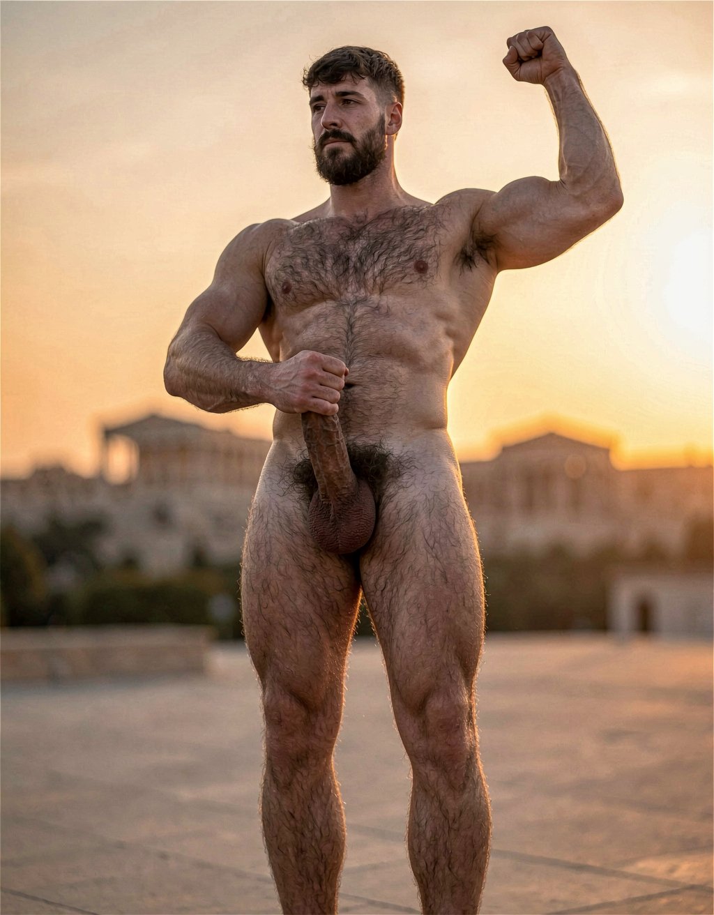 Pericles. A hyper-realistic full-body portrait of completely naked Pericles at 35 years old standing tall under the warm golden light of an Athenian sunset, as if Phidias had carved him from warm living marble and breathed life into him. Perfectly proportioned athletic body, 172 cm, 75 kg, 5% body fat, imposing and dignified presence. Elongated “onion-shaped” skull, short dark brown military-cut hair with silver at the temples, short dense well-groomed dark brown beard and finer trimmed mustache framing a stern aristocratic face with deep-set intense brown eyes. Strong muscular neck, broad rounded shoulders, powerful hairy pectorals with vertical dark trail, small dark hardened nipples, sharply defined abdomen with thick treasure trail leading to a dense curly dark pubic bush. His thick 22 cm erect penis with a slight upward curve, prominent veins along the darker shaft and flushed glans. Pericles is actively masturbating, sliding his right hand up and down the shaft with a steady rhythm. He grips his penis in a precise cylindrical hold: the index, middle, ring and pinky fingers of his right hand curved naturally around the lower perimeter on the front side of the shaft, slightly separated and perfectly adapting to its contour; the thumb positioned on the opposite rear side, also curved naturally around the lower perimeter, pressing gently to secure the grip. The hand conforms perfectly to the cylindrical shape with realistic finger placement and natural joint flexion. Heavy low-hanging testicles, firm round muscular ass, powerful veiny legs covered in dark hair, large masculine feet with the second toe slightly longer. Ultra-detailed skin texture, visible veins and subtle sweat sheen, razor-sharp anatomy, soft warm golden side lighting that sculpts every muscle and hair follicle, museum-quality historical sensual realism, softly blurred Acropolis at sunset in the background. Se levanta y está de pie en posición de firme militar, con el otro brazo tenso hacia arriba para enseñar su bíceps…