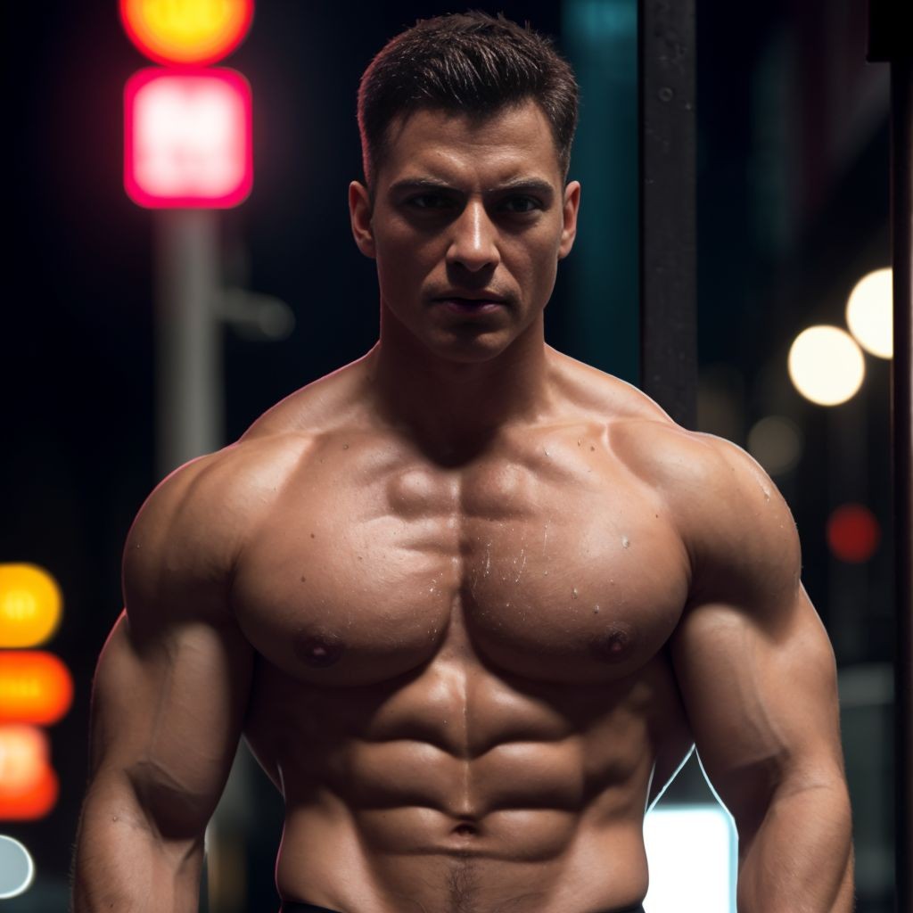 Hombre desnudo con jaula de castidad de metal, parado en una parada de autobús, cuerpo musculoso, mirada sensual, ropa interior ajustada, fondo de ciudad, luces de neón, ambiente urbano, piel sudorosa, jaula de castidad destacada, expresión provocativa. Imagen realista 
