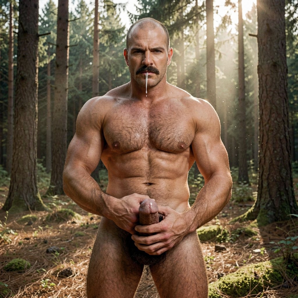 Naked, muscular man standing in a coniferous forest, lit by rays of sun filtering through the trees, with a hairy torso, defined abs, strong arms, and a firm frontal stance. He has a shaved head, a dark mustache, and a serious, intense expression as he looks straight ahead; a thread of white liquid falls from his mouth to his chest. His hands hold his penis in the foreground, emphasizing the explicit nudity in a natural setting with tall trunks, moss, leaf litter, and a damp, silent forest atmosphere.
