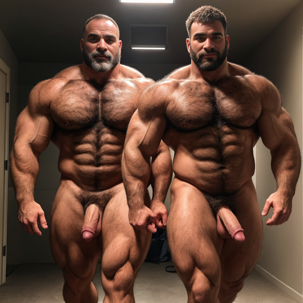 Dos hombres machos musculosos desnudos muy viriles con pene grande y testículos grandes y peludos. Caminando 10