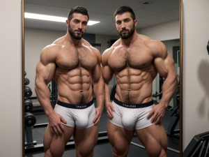 Dos gemelos cachas de 30 años, barba corta, calzoncillo blanco ajustado, marcando bulto y vello púbico, camino de hormigas en el abdomen, posando frente a un espejo en el gimnasio, músculos definidos, mirada sensual.