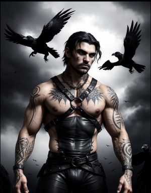Hombre musculoso con arnés gótico, rodeado de cuervos negros, tatuajes oscuros, ojos intensos, cabello negro despeinado, ambiente sombrío y misterioso, cuervos sobre sus hombros y brazos, plumas negras esparcidas, ropa oscura y ajustada, detalles góticos y simbólicos, atmósfera oscura y emotiva.